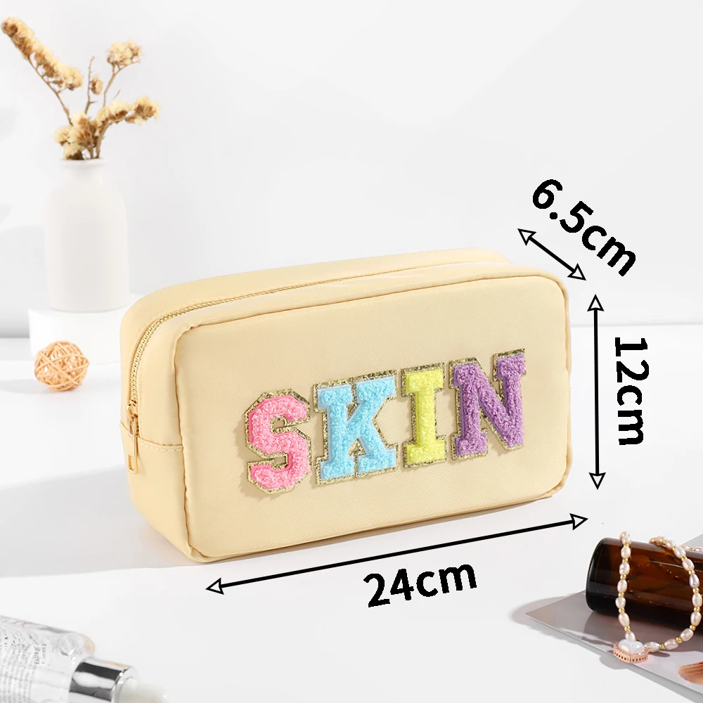 Glitter Chenille Letter Makeup Stuff Bag Pouch Small Preppy Patch Makeup Cosmetic Travel Zipper Bag for Women Girls Cosmetic bag