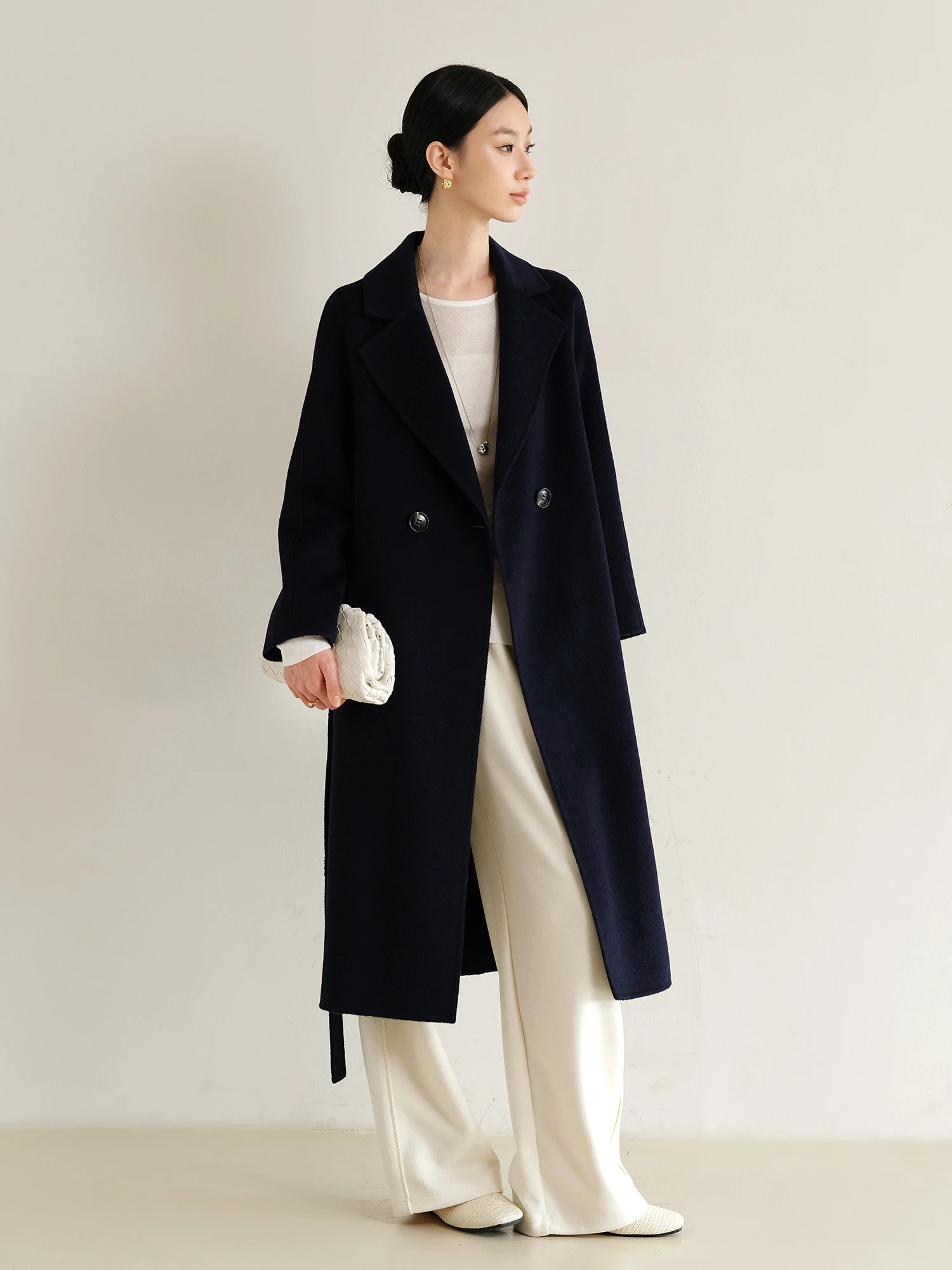 

Пальто Ji Qirui Xi из двусторонней шерсти ручной работы, новое, с эффектом стройности, с поясом, класса люкс, с длинными рукавами