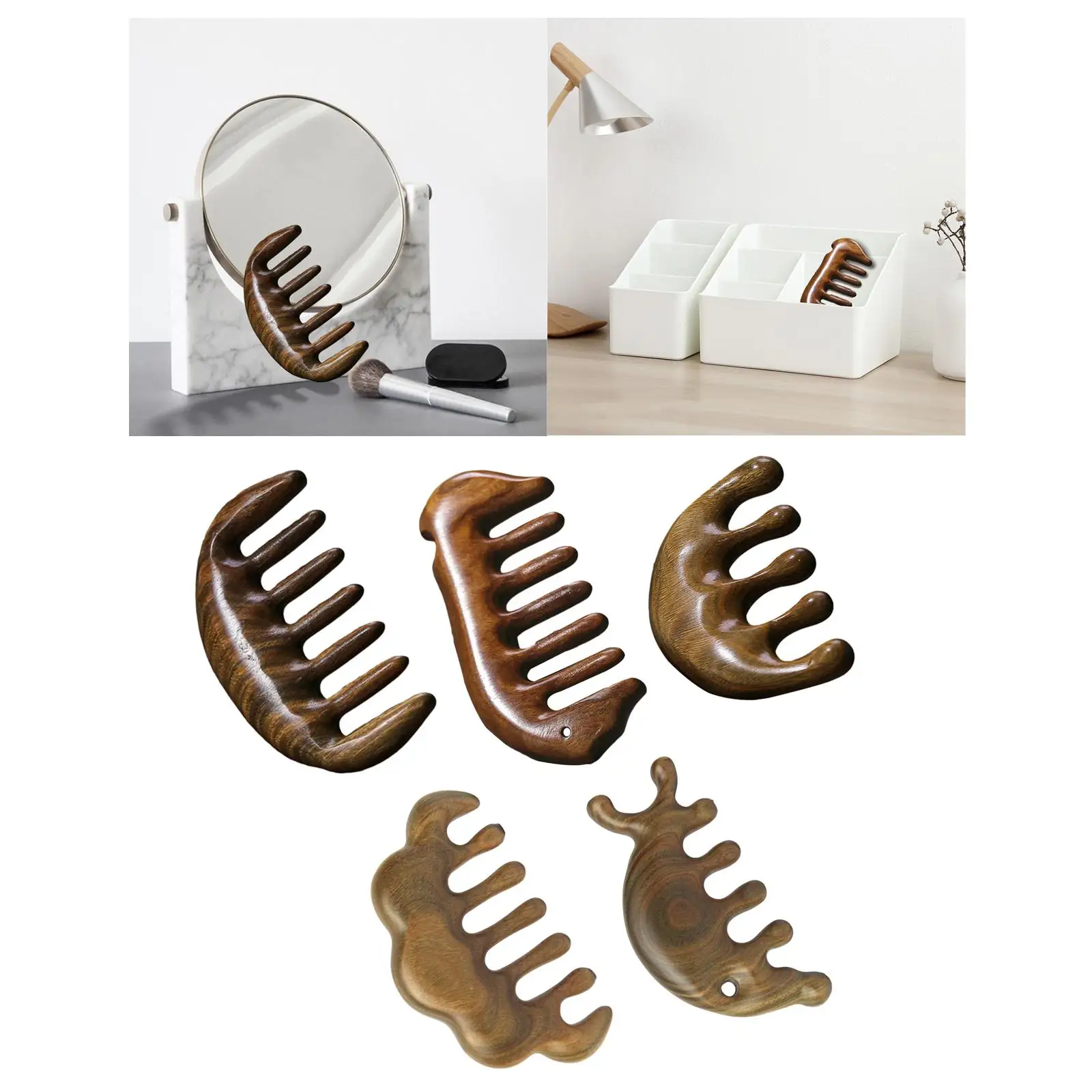 مشط تدليك فروة الرأس من خشب الصندل الأخضر، مشط تدليك خشبي لتدليك كشط، قمر صغير