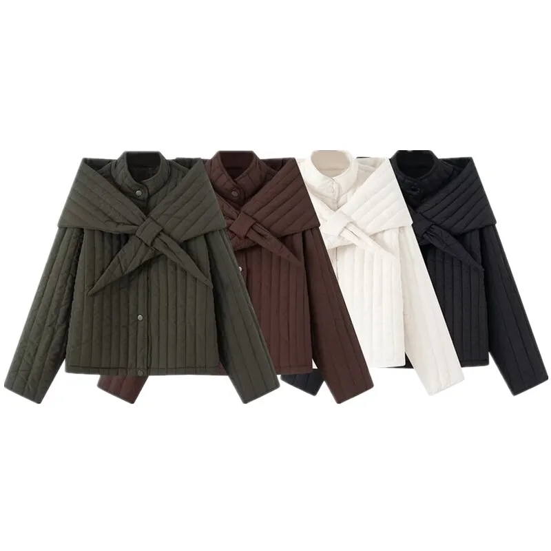 取り外し可能なスカーフ付きコットンジャケット、スタンドカラー、レディースアウター、春秋2025、ロング丈、ボタン留め、通勤スタイル