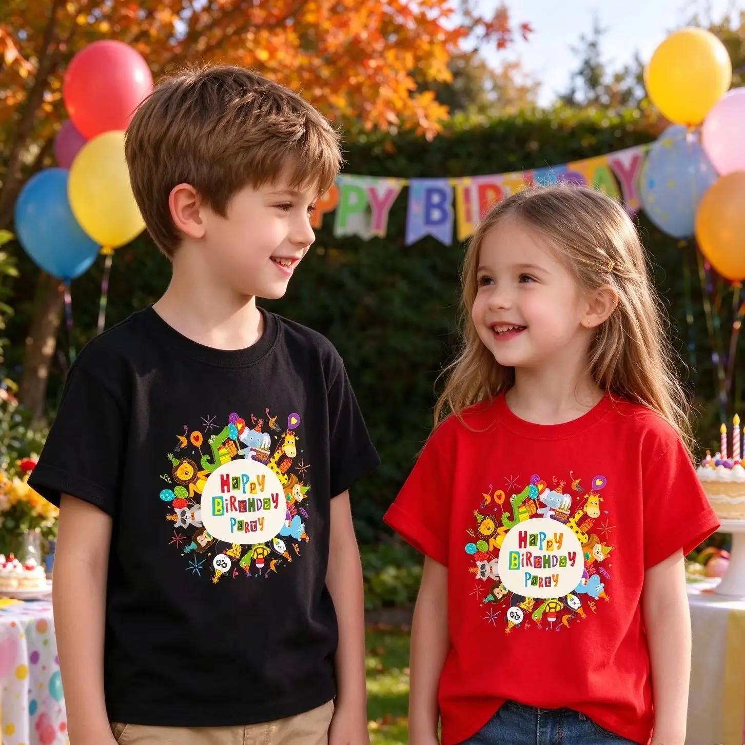 Kids Happy Birthday Party T-Shirt, Cute Cartoon Animal Circle Print Short Sleeve Tee, Boys Girls Birthday Party Outfit