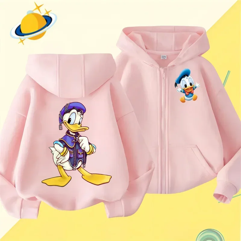 Donald Duck Kids Zipper hoodie Cartoon Print Disney Fall Winter Long sleeved sweatshirt Casual top Boys girls Kawaii clothing