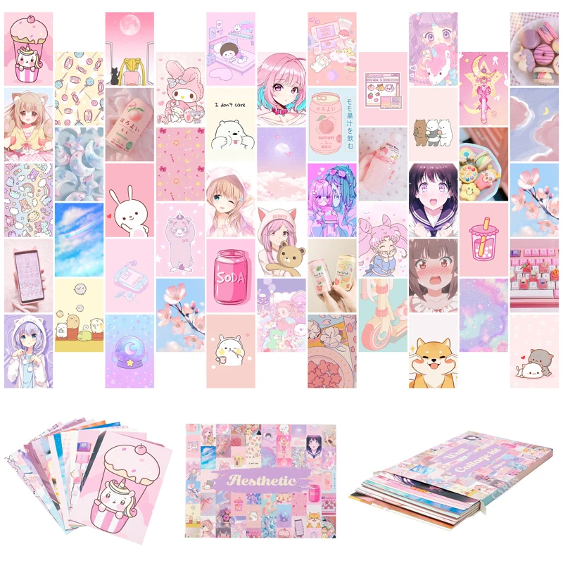 50Pcs Wall Collage Kit Aesthetic Poster Picture Pastoral Preppy Pastel Kawaii Anime Art Printing for Teens Bedroom Dorm Decor