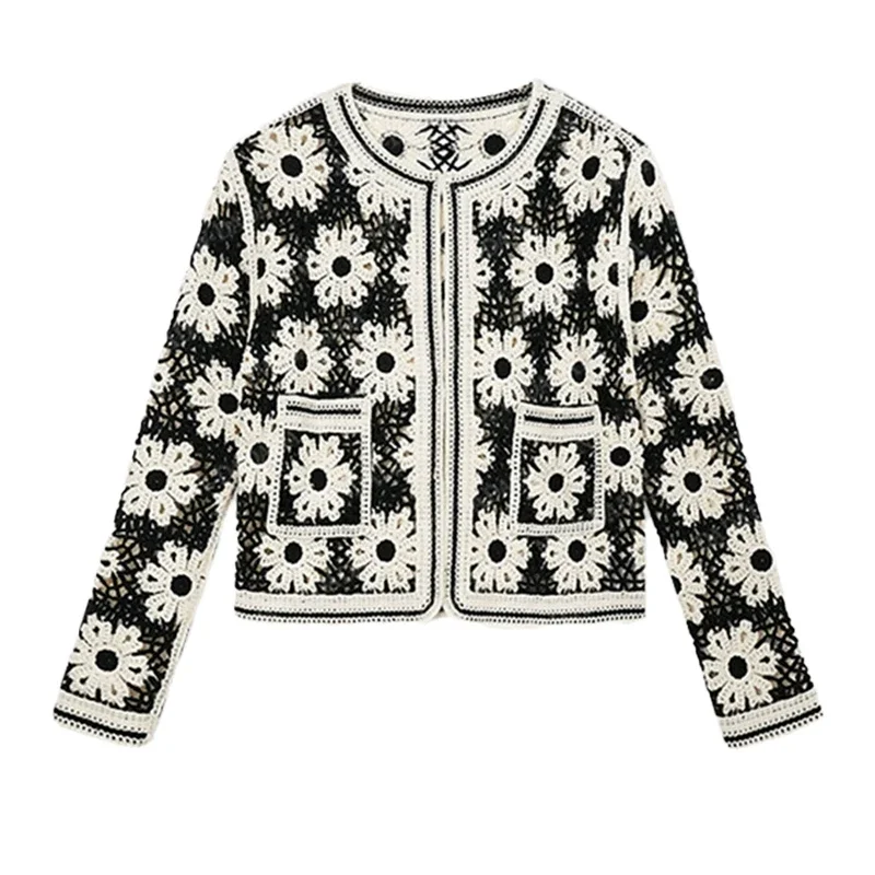 

Women's Crochet Cardigan Open Front Floral Embroidered Openwork Knitted Sweater Jacket Female Boho Vacation Outfit