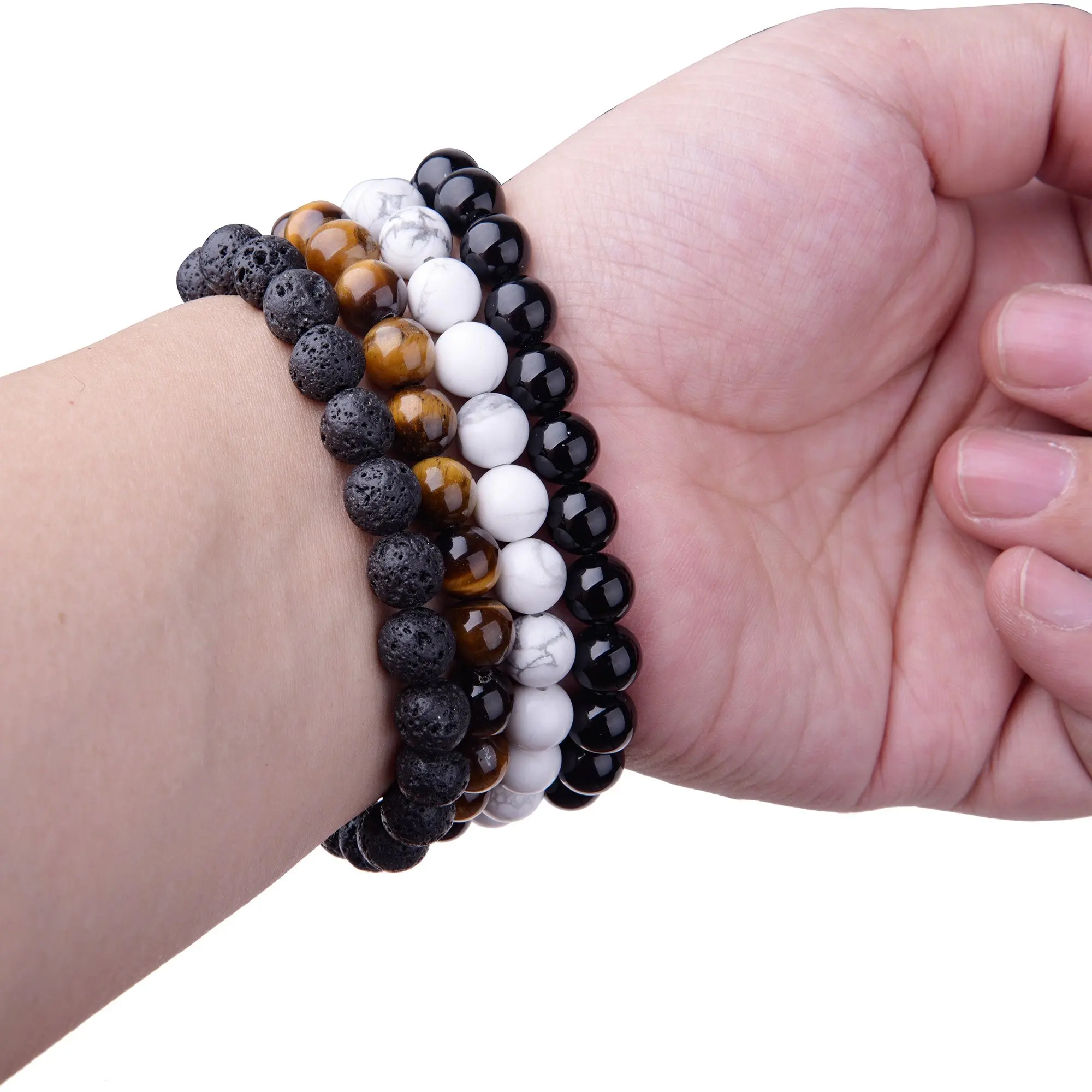 Stone Bracelet - Crystal Stone Beaded Bracelets for Women Men 8mm Round Beaded Stretch Bracelets Unisex Stress Relief Yoga Brace