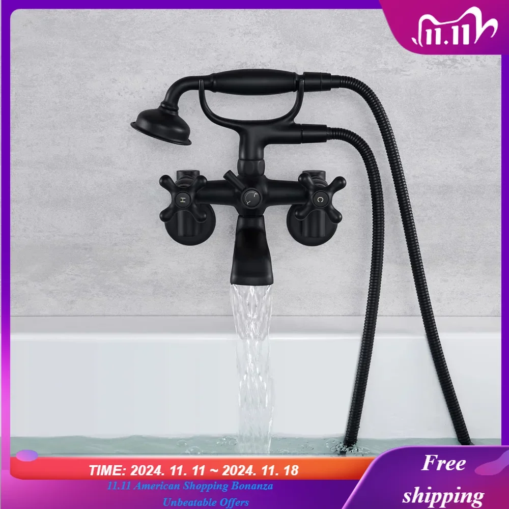 Clawfoot Tub Faucet Wall Mount Tub Filler Black Vintage Bathtub Faucets Brass with Telephone Shaped Handheld Shower