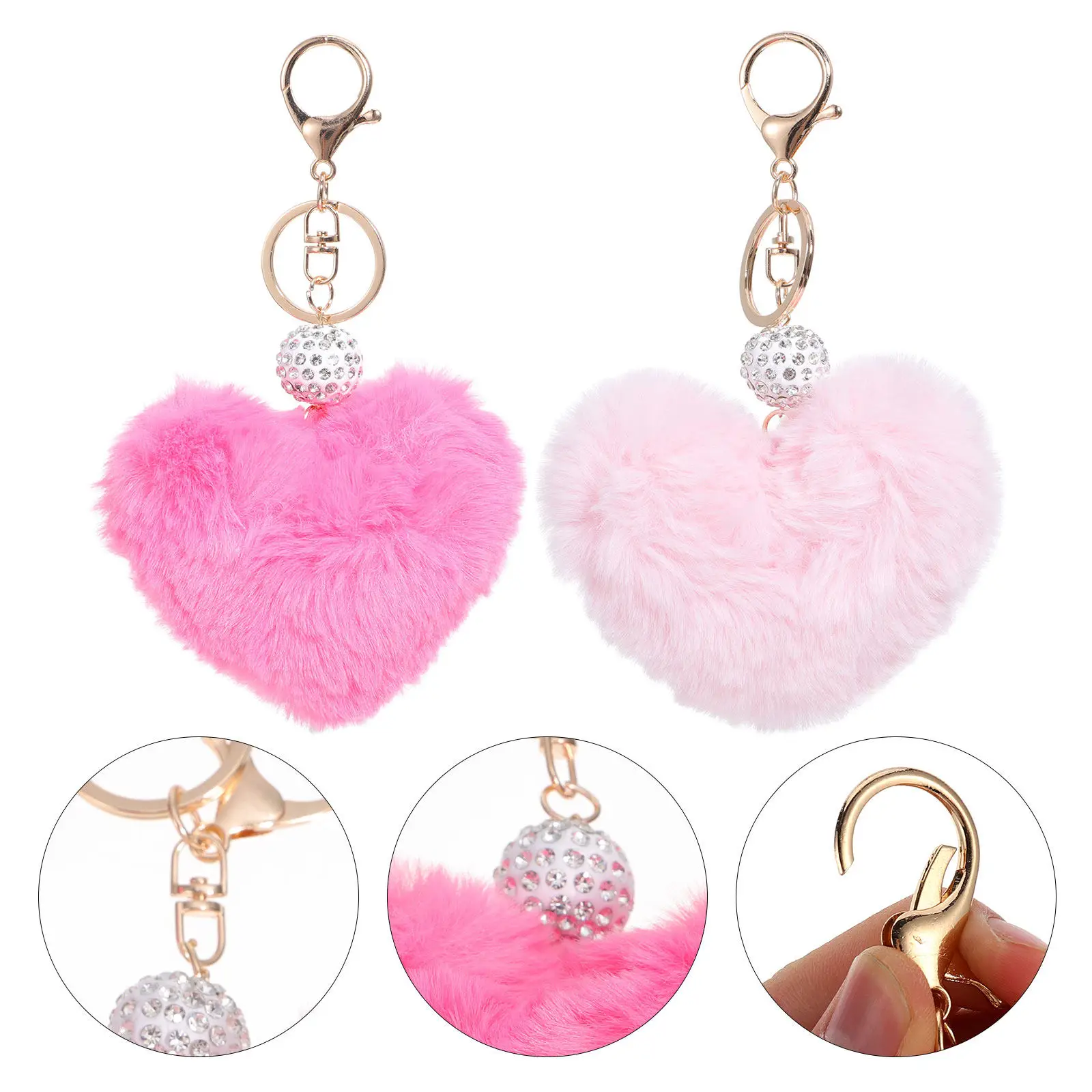 

Набор из 2 брелоков в форме сердца с уникальным пушистым шариком и стразами, элегантный кулон для сумки, держатель для ключей для кошелька, рюкзака, автомобильных ключей