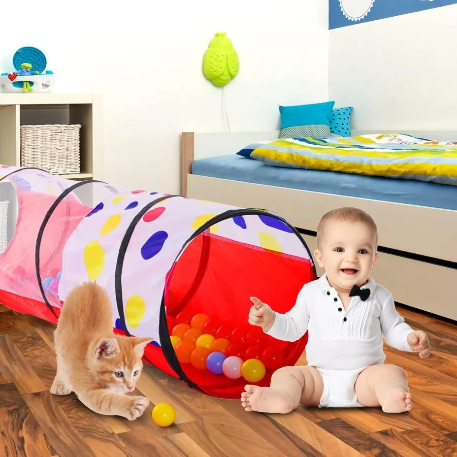 Tunnel pour les tout-petitsPup Up Play Tunnel Tente pour bébés ou chiens Jouets d'intérieur et d'extérieur pour jardin Playset Points rouges Play Tunne