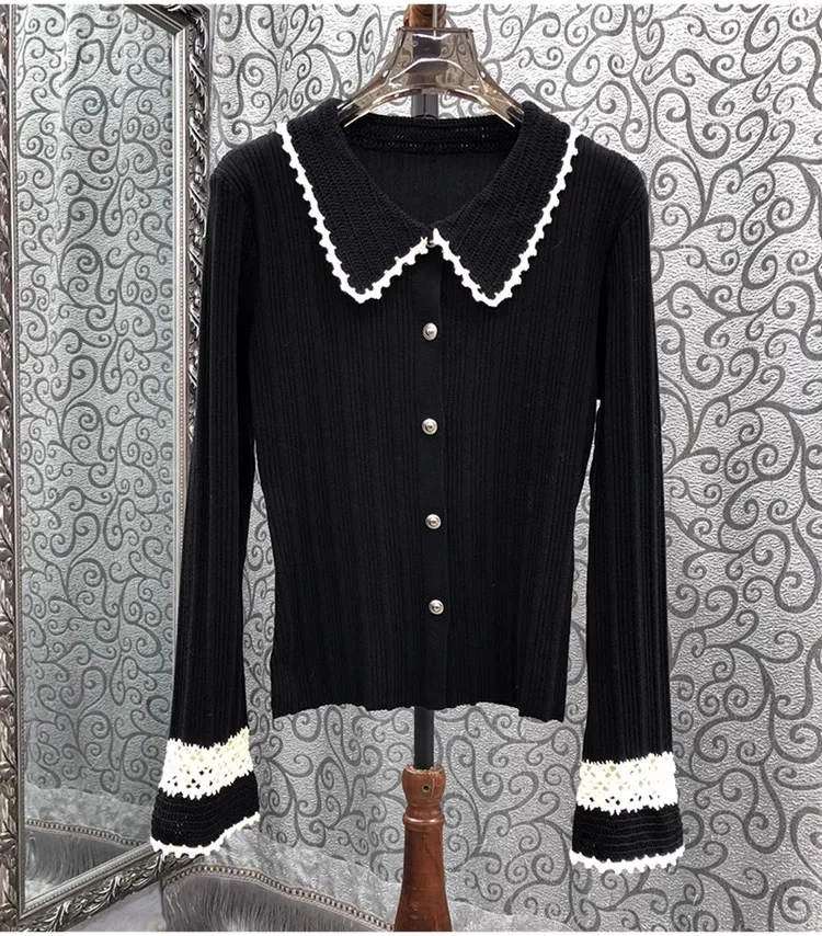 

New 2024 Spring Fashion Knitted Cardigans High Quality Ladies Turn-down Collar White Lace Patchwork Long Sleeve Black Cardigans