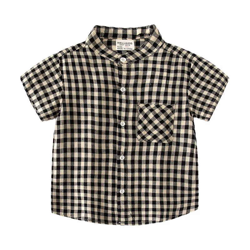 Summer Boys Short Sleeve Cute Casual Stand Collar Plaid Shirt College Style Kids Pocket Cool Breathable Cotton Top 3-8 Years