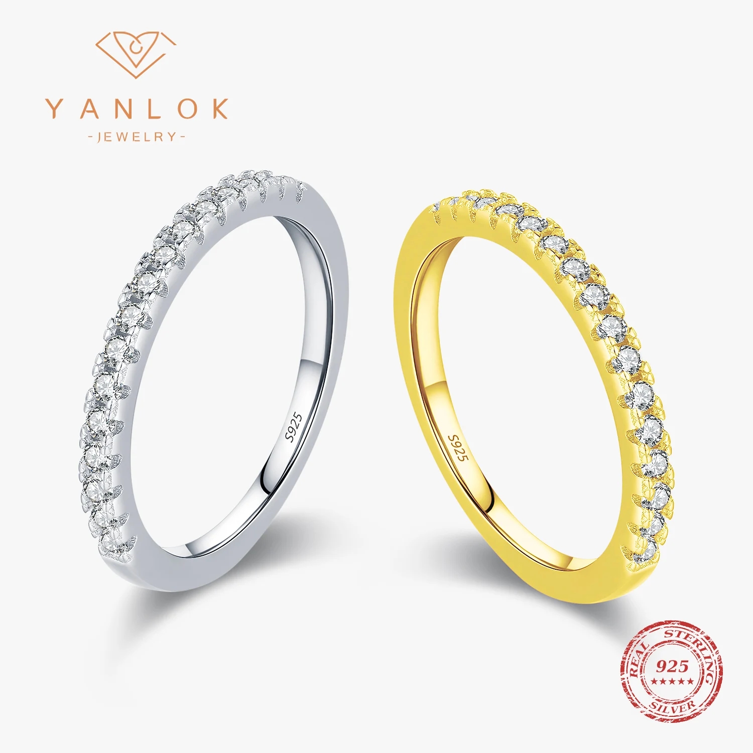 

YANLOK Genuine 925 Sterling Silver Simple Stackable Round Clear CZ Eternity Band Rings For Women Daily OL Fine Jewelry