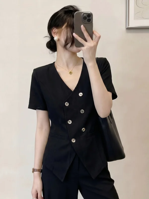 

Elegant V-neck Short-sleeved Shirt Women's plus Size Irregular Korean Style Commute Fashion Summer New Arrival