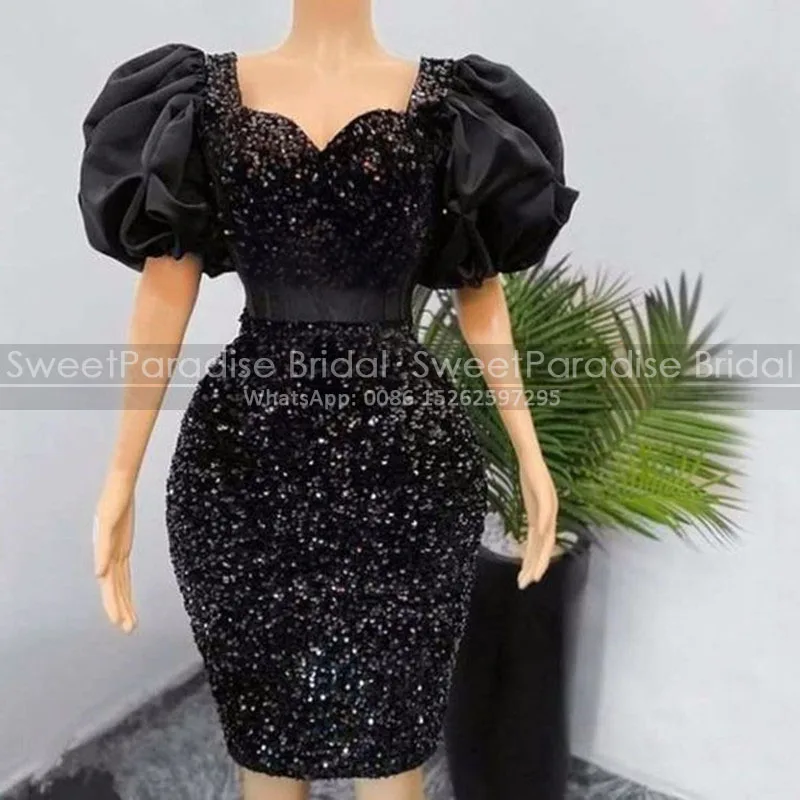 Bling Pailletten Roben De Cocktail Kleider Puff Kurzen Ärmeln Square Neck Frauen Mantel Kleine Schwarze Kleid Party Empfang