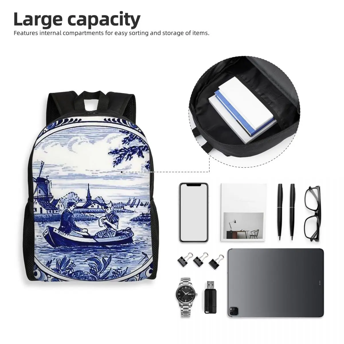الهولندية الأزرق دلفت طاحونة الكنيسة والمراكب الشراعية حقيبة ظهر الطالب حقيبة مدرسية المشي لمسافات طويلة السفر Daypack حقيبة الكتب الموضة حقائب الكتف