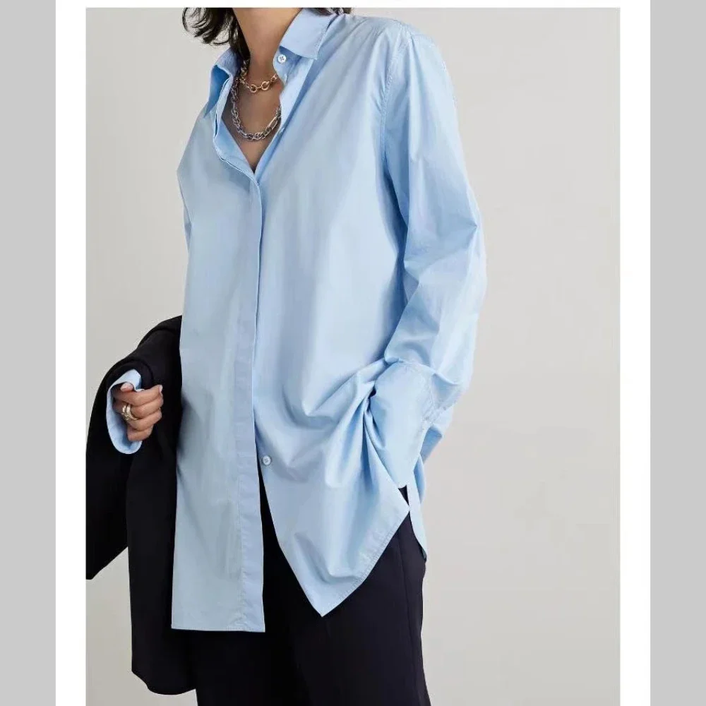 

Women's Loose Casual Blouse, Oversized Shirt, Sky Blue Cotton, Poplin Shirt, Full Sleeve, Turn-Down Collar, TheR0W, Autumn