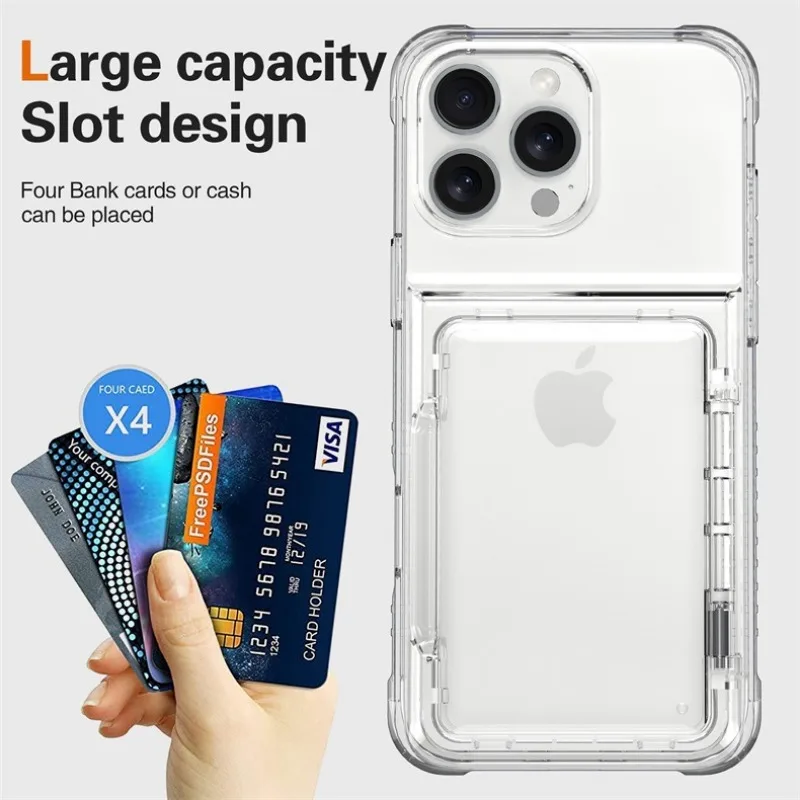 Transparente Hülle mit 4 Kreditkartenfächern und Stoßschutz für iPhone 16 15 14 13 12 11 18 Pro Max 17 Air Plus 16E Klare Handyhülle – Detail 2