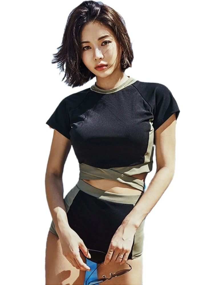 

Американский тренд для горячих девушек, консервативный облегающий купальник с короткими рукавами и солнцезащитным кремом, высокой талией, комплект из двух предметов для пляжного отдыха, купальник