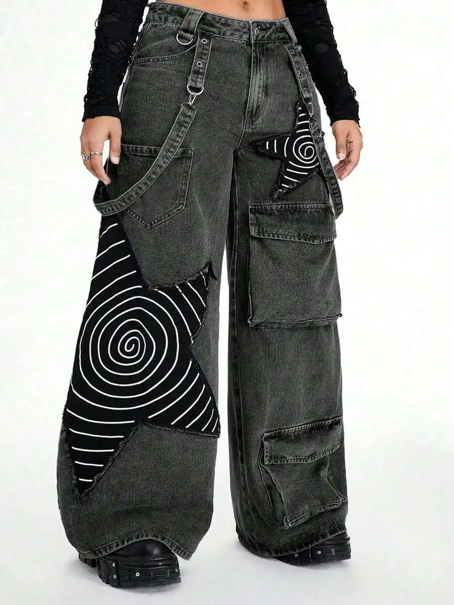 

Distressed Washed Wide Leg Cargo Pants with Spiral Patch Print