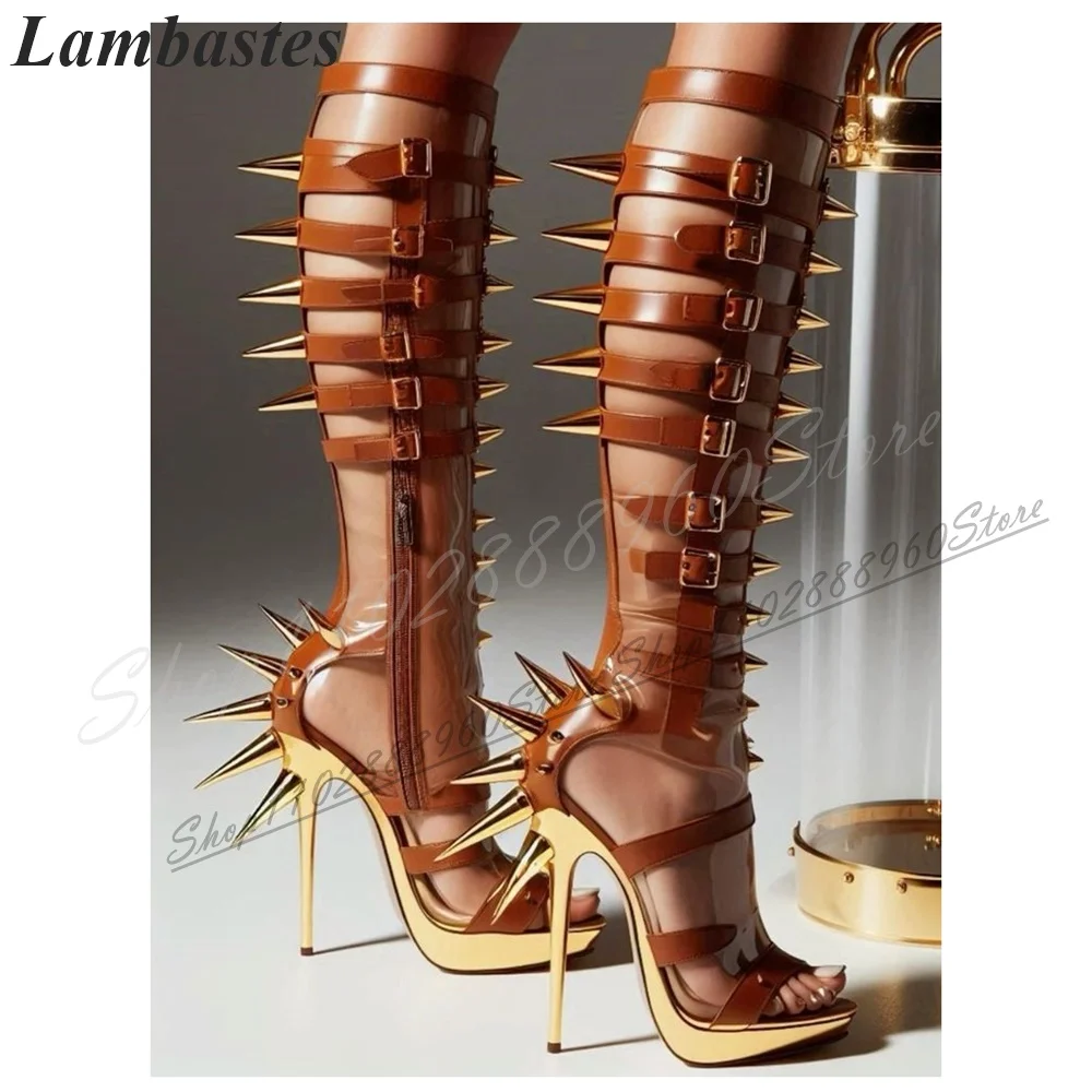 

Stylish Knee High Brown Rivet Buckle Strap Sandal Boots Thin High Heel Women Shoes Side Zipper Open Toe 2024 Zapatillas Mujer