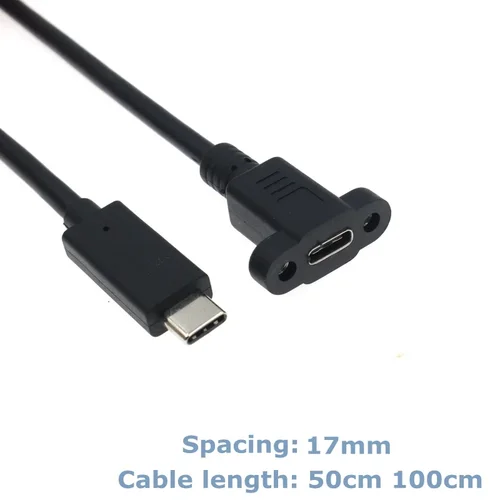 Imagen 2 del producto Cable de extensión macho a hembra USB C tipo C 3,1, 0,5 m, con orificio para tornillo de montaje en panel, espaciado de 17 mm, para instalación mecánica
