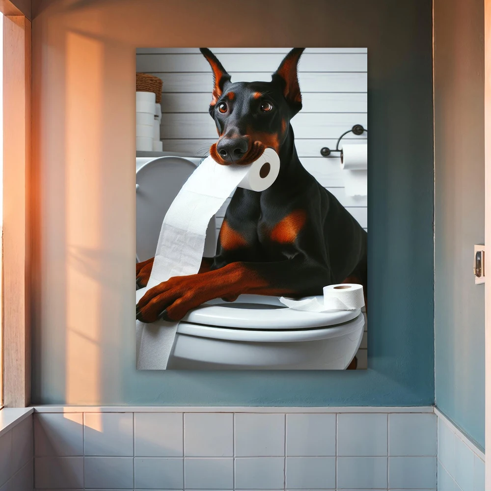 (Sin marco) Póster artístico de Doberman, el perro divertido, para el baño, impresiones artísticas modernas de Doberman Pinsche