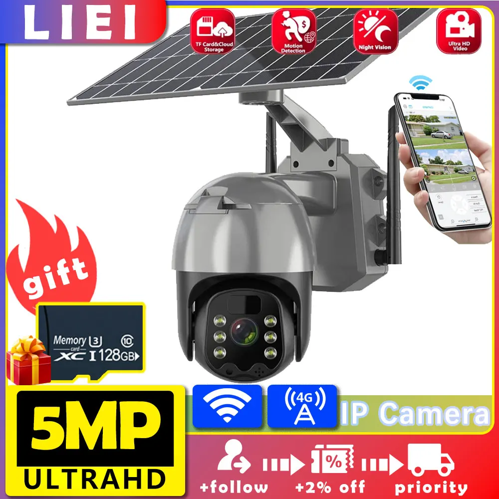 

LIEI 5MP UHD Dual Lens WIFI/4G PTZ IP Camera Solar Power 360 Full Color AI Humanoid Detection Security CCTV Surveillance Camera