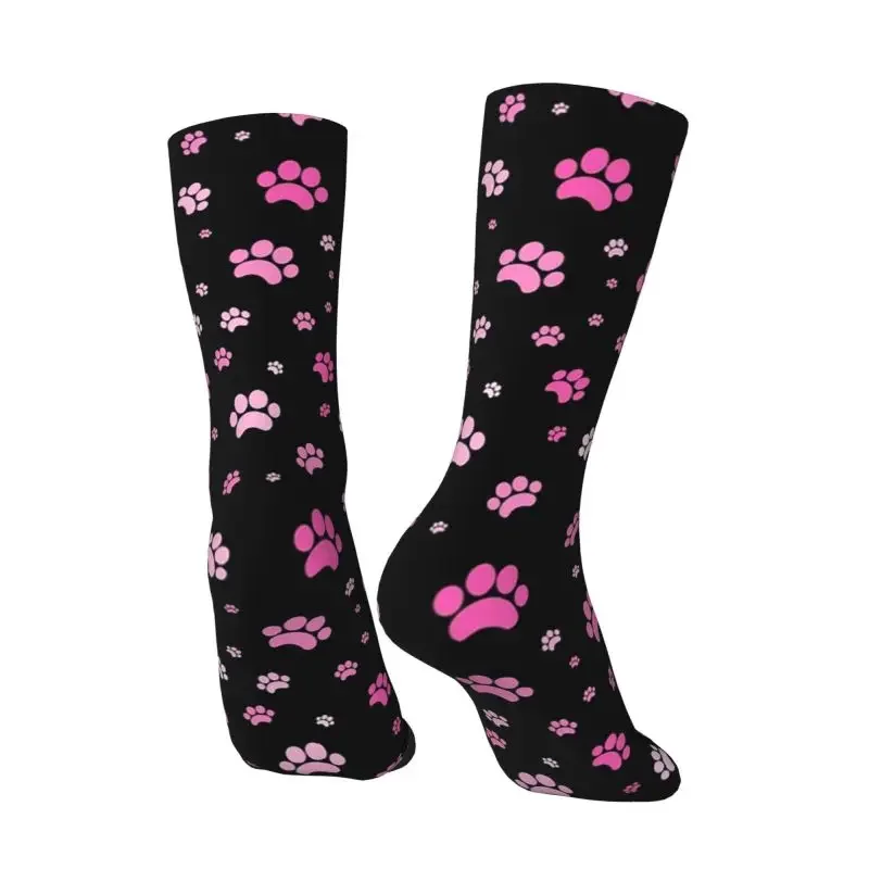 Chaussettes provoqué à motif de patte de chien rouge et rose pour hommes, chaussettes confortables et chaudes, chaussettes d'équipage imprimées en 3D, chaussettes unisexes drôles