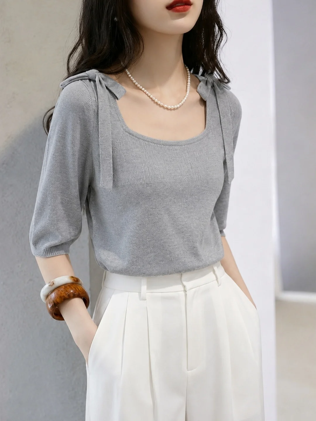 Korean Style  Knot Square Collar Short Sleeve Knitted Ice Silk Slim Fit Top Pure Color Summer Fashion Inner Wear