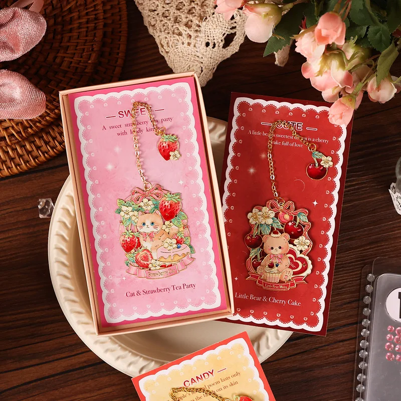 Cute Strawberry Bear Bunny Brass Bookmark with Pendant Chain – Kawaii Animal Metal Book Marker Stationery Gift for Kids Girls view 3