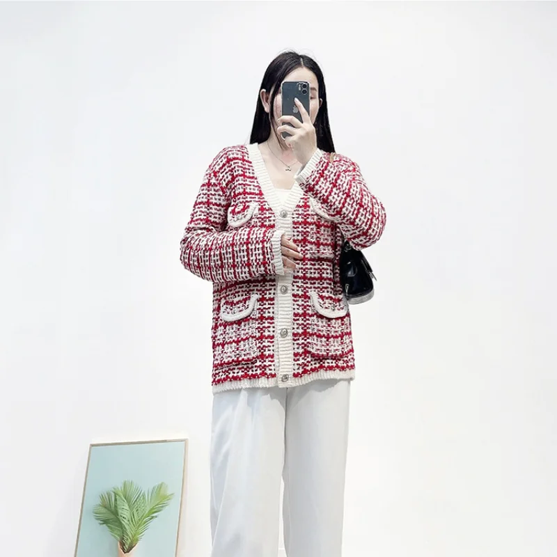 Checkered cardigan with tweed V-neck and long sleeves, red 2024 autumn/winter new women's clothing French style temperament