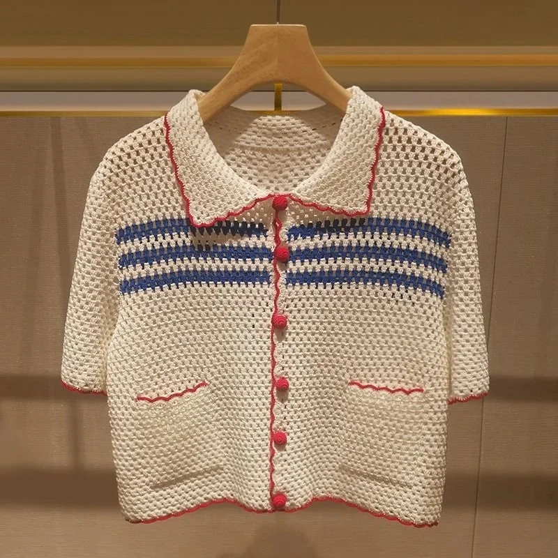 Women's Knitted Ribbed Blouse Casual Short Sleeve Striped Hollow Out T-shirt Korean Fashion Y2k Tops Mujer