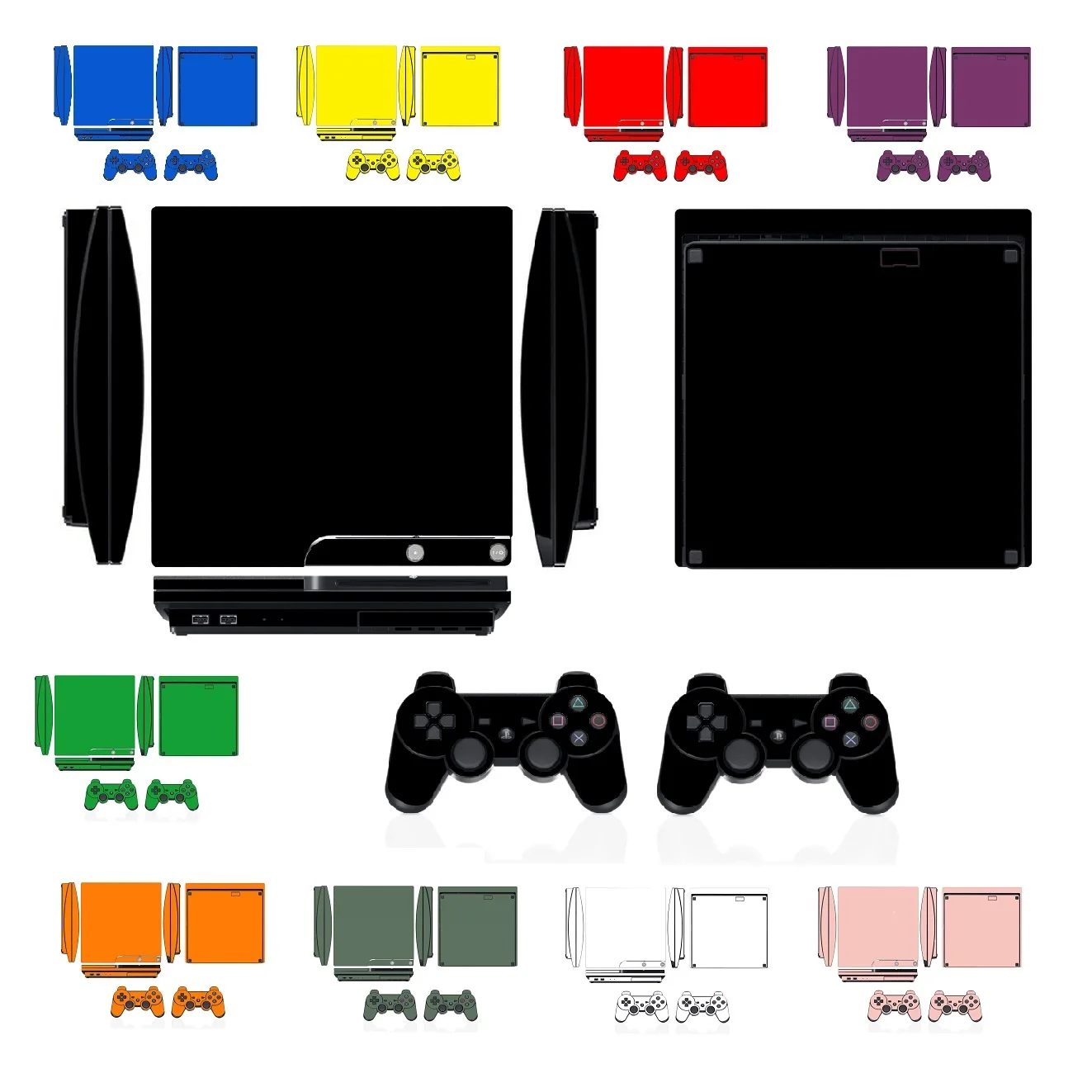 

10 Pure Clean Solid Colors Vinyl Skin Sticker Protector for Sony PS3 Slim PlayStation 3 Slim and 2 controller skins Stickers