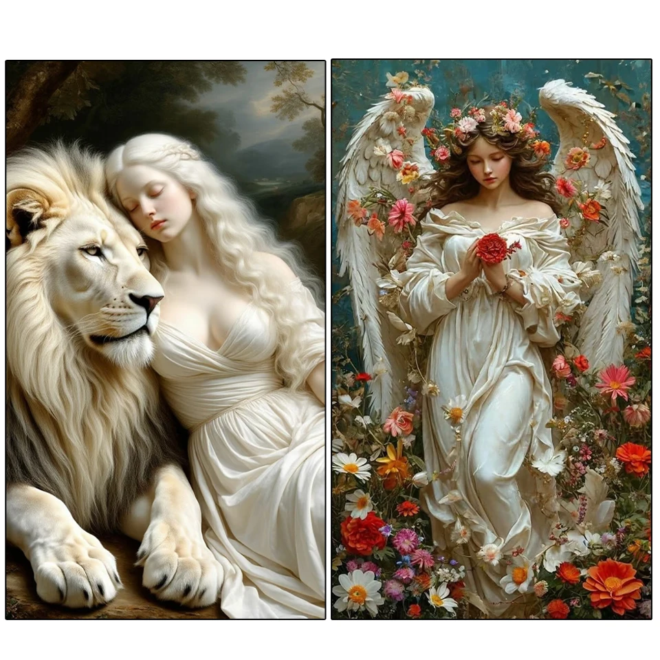 

Diamond Embroidery Angel Girl And Lion Mosaic Cross Stitch Diamond Painting Woman New Arrival Animal Picture Rhinestone Wall Art