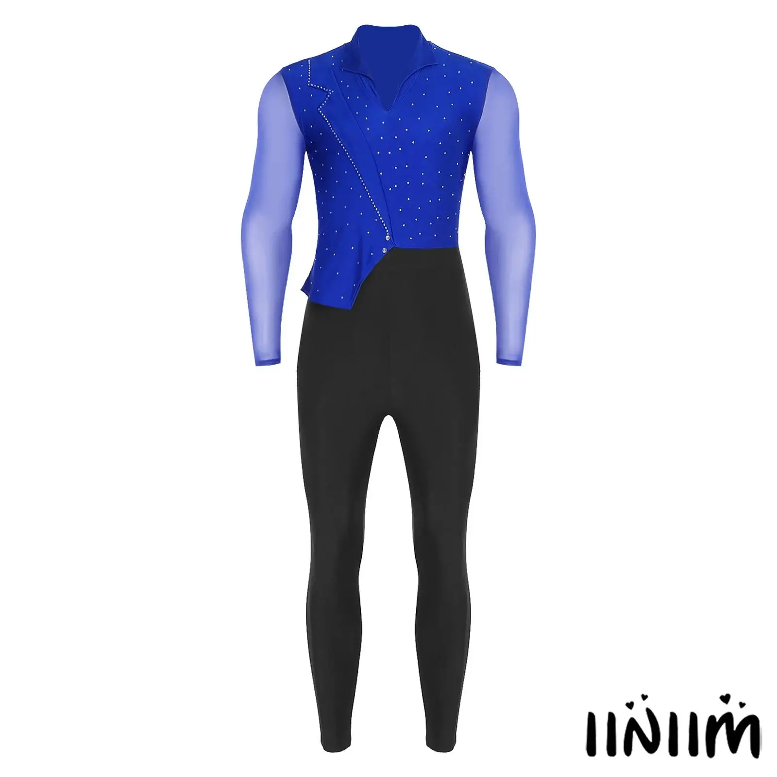 

Kinetic Men's Competition Wear Asymmetrical Sheer Top Long Sleeves Dazzling Rhinestones Color Contrast Jumpsuit Jazz Dancewear