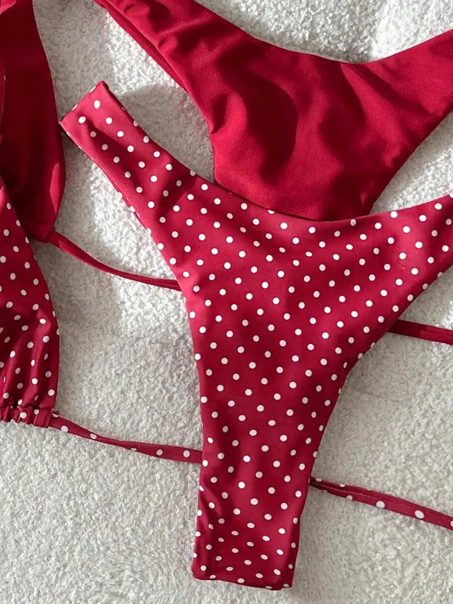 

4pcs Polka Dot And Solid Red High Cut Tie Side Bikini Set Women Swimwear