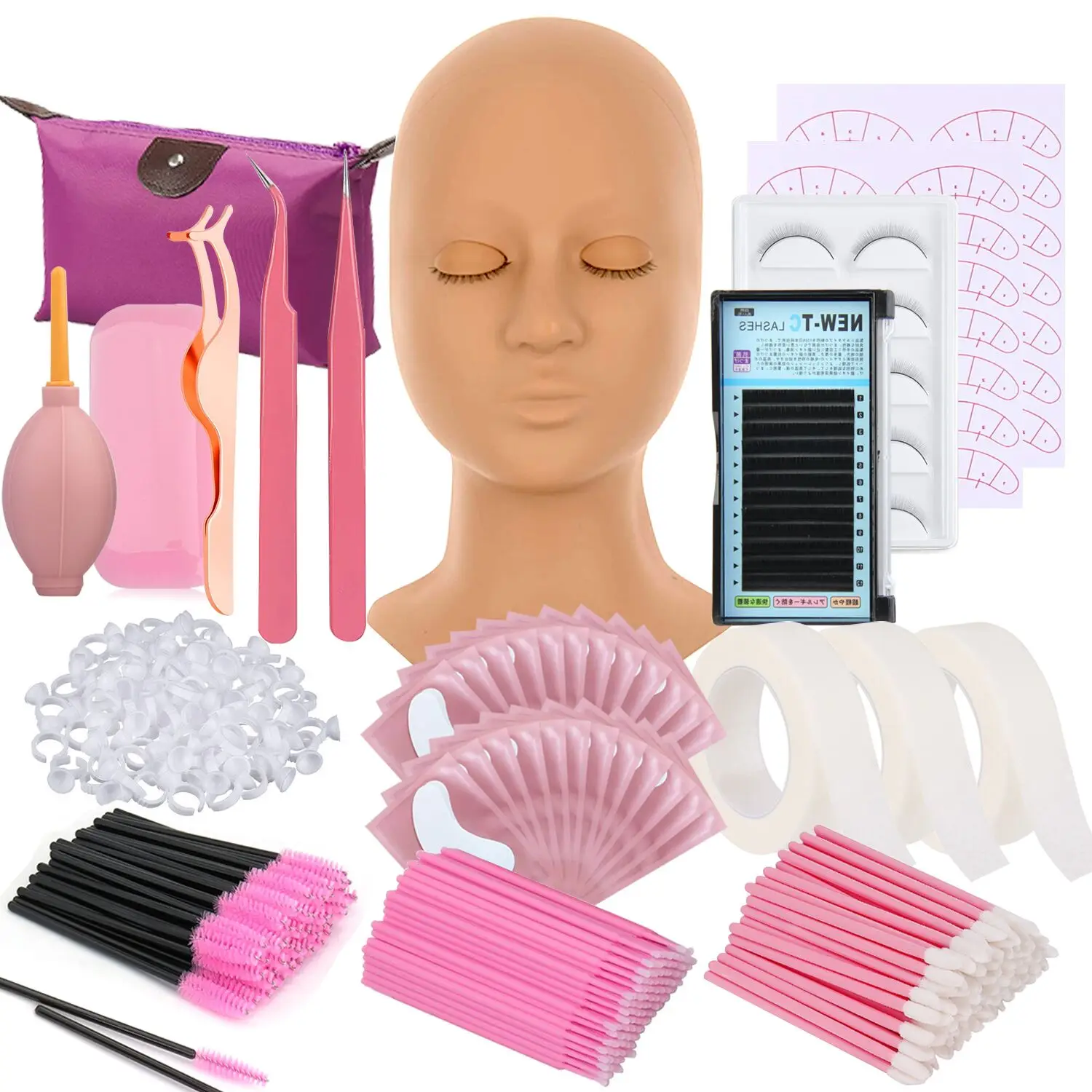 Training Eyelashes kit False Eyelashes Extension Mannequin Head Practice Exercise Kit Tweezers Brush Eye Lashes Graft Supplies