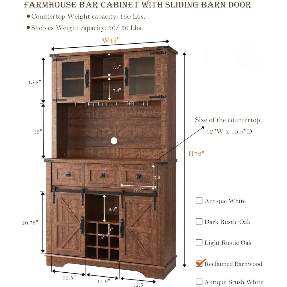 Large Kitchen Buffet with Hutch w/Wine & Glasses Rack, 3 Drawers, 12 Storage Shelves, Rustic Coffee Bar Sideboard Table. image 2