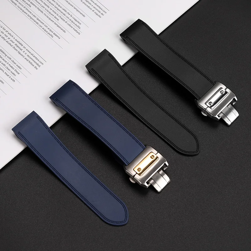 23 مللي متر 25 مللي متر حزام ساعة مطاطي عالي الجودة لساعة كارتييه الفرقة الرجالية سانتوس 100 سلسلة مشبك قابل للطي إكسسوارات أسود أزرق