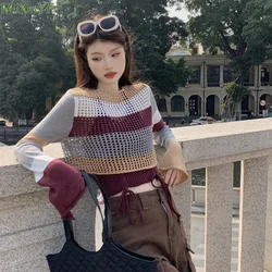 Women Spring Autumn Stripe Short Sweater Halter Vest Two Piece Set Lady Fashion Hollow Out Knit Tops 2024 New Knitwear Female