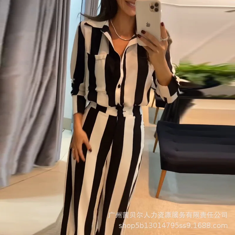 Two Piece Sets Women Striped Pants Set Elegant Turn Down Neck Full Sleeve Shirts Button High Waist Wide Leg Long Pants Casual