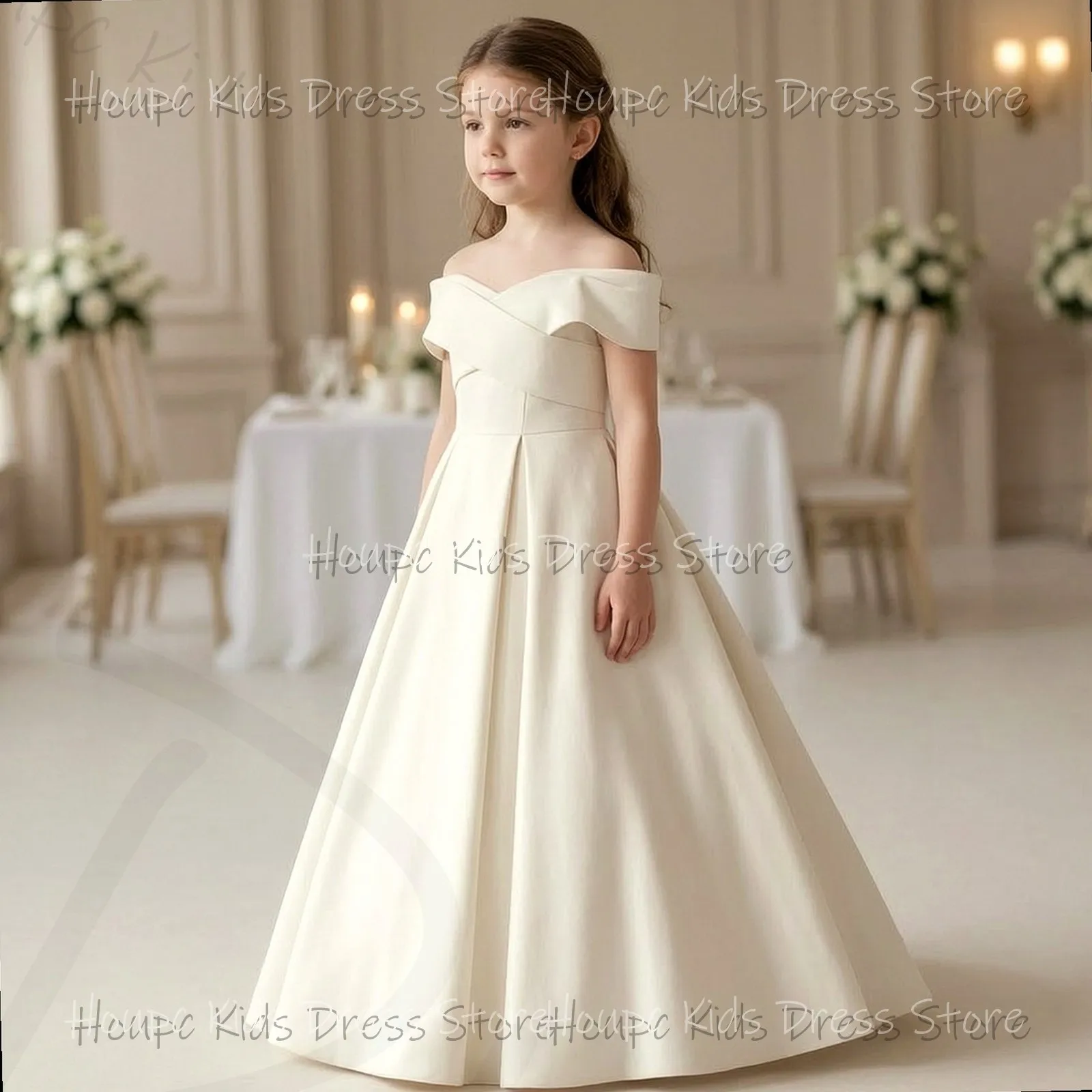 Wedding Custom Flower Girl Dresses Off Shoulder Satin A-Line Floor-Length Wedding Birthday Party Evening Party Prom Dresses
