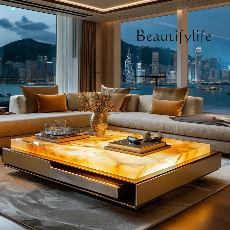 Square luminous jade luxury stone coffee table living room custom square modern luxury stone light luxury villa