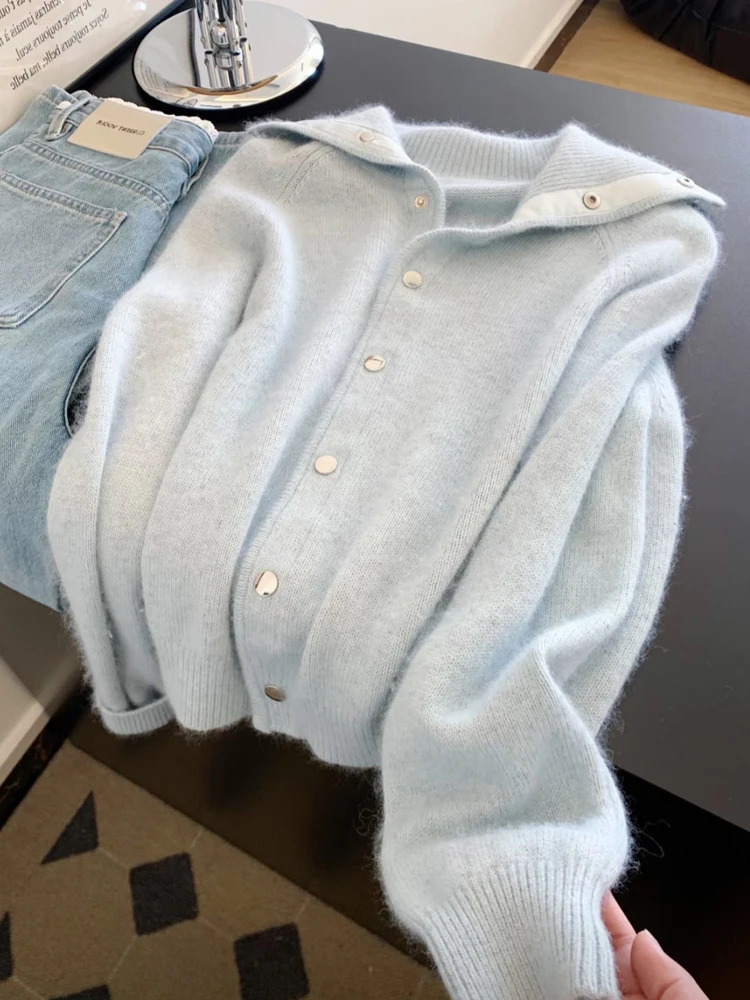 

Синий медведь бархатный цвет блуэт воротник вязаный открытый кардиган женский осенне-зимний мягкий свитер с пустым воротником Jaet