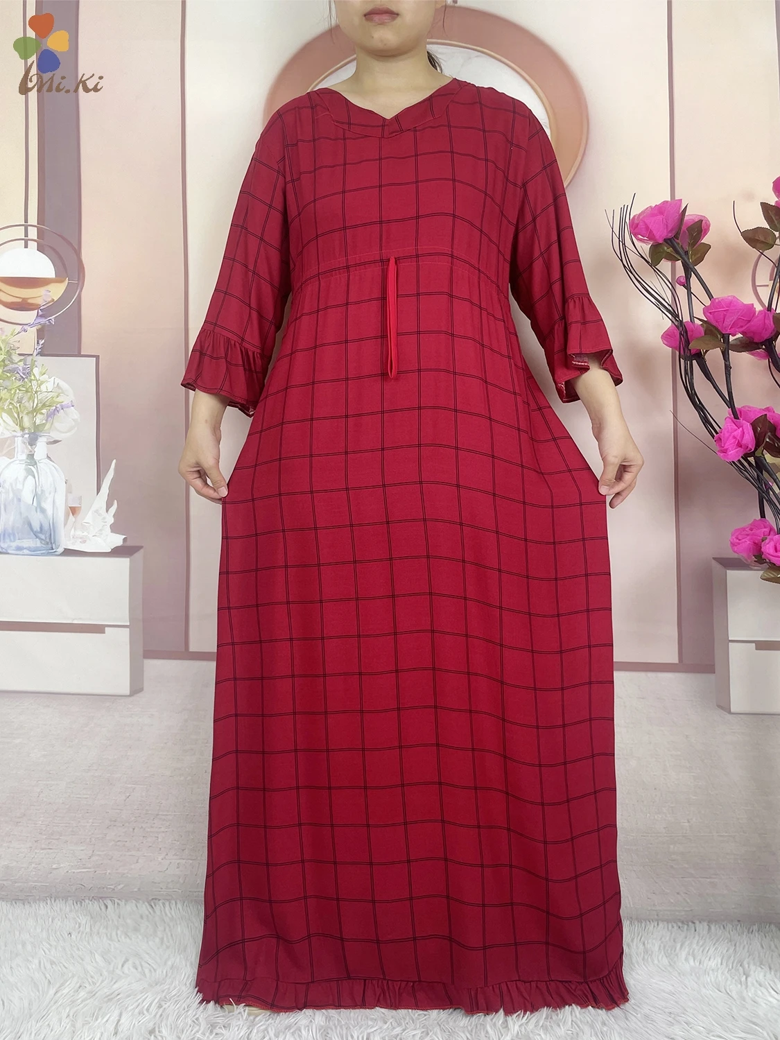 Hot Selling Kaftan Women Clothing Checkered Pattern Long Sleeved Cotton Dress Dubai African Women Dress Islamic Casual Clothing