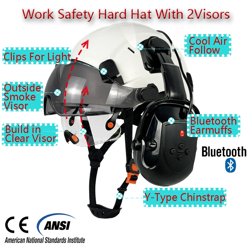 Bluetooth Earmuffs Safety Helmet With Visors For Engineer ABS ANSI Carbon Fiber Pattern Construction Hard Hat Work Industrial