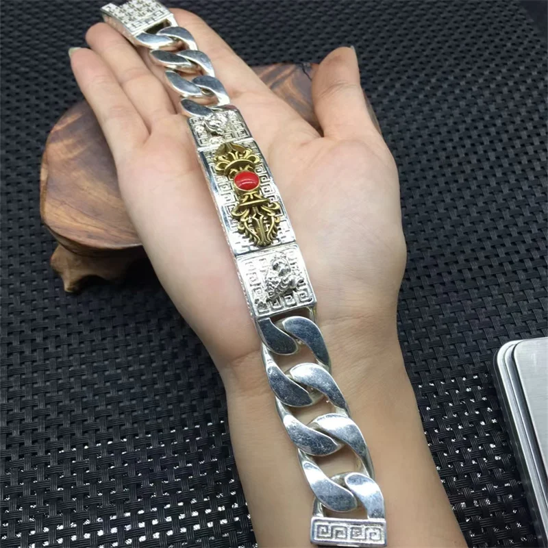 

Maichuang/Tibetan Silver Magic Pestle Inlaid Red Agate Lucky Fashion Bracelet Personality MenWomen Couple Jewelry Exquisite Gift