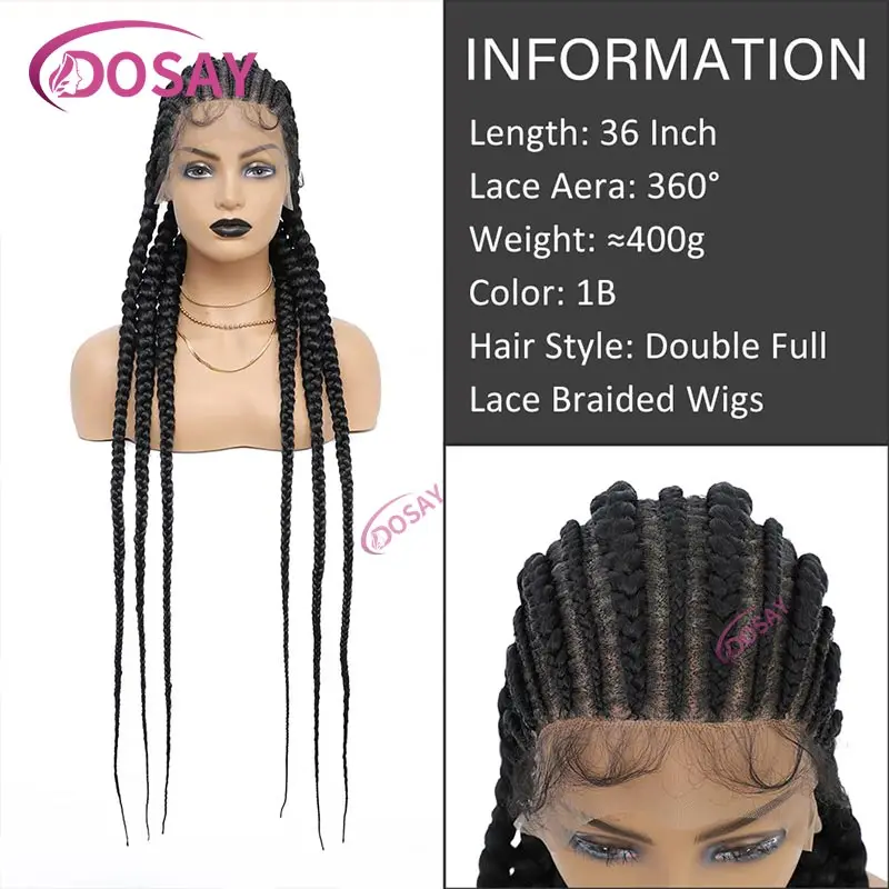 Wig kepang renda penuh 36 "kotak cornrow wig kepang rambut sintetis wig kepang tanpa simpul untuk wig kepang wanita hitam Afrika