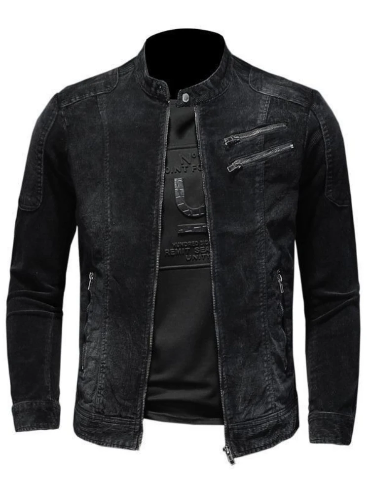 Vintage American Stand Collar Biker Denim Jacket for Men, Spring Fall Casual Multi-zip Motorcycle Riding Slim Fit Outerwear