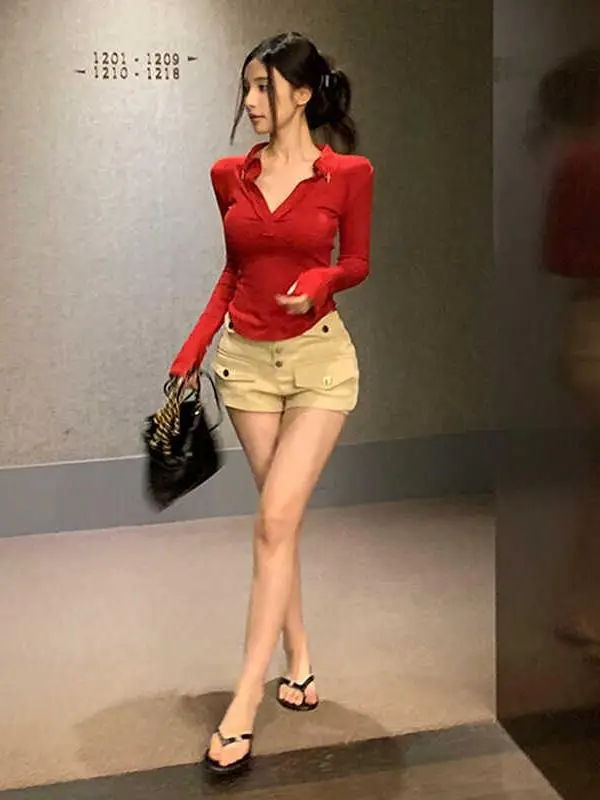 

Red Long Sve ort Fit T-irt for Women V-ne Slimming Base Layer Top Commute Sle Pure Color Autumn Season Faion