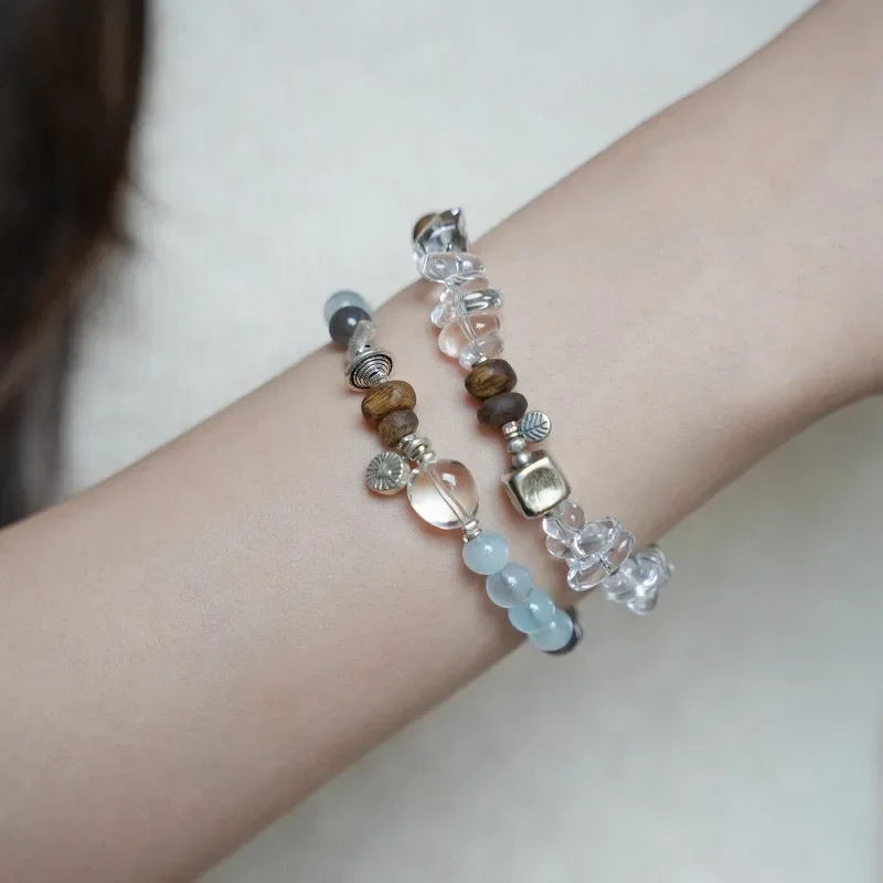 

"Shallow Sea" Original and Stable Mood Natural Aquamarine Agarwood Duobao Good Luck Bracelet Women's Gift